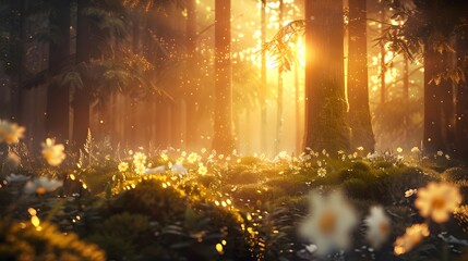 Naklejka premium Dawn forest at dawn when the first rays