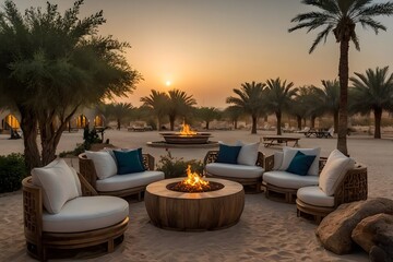 Fototapeta premium Luxurious desert oasis with stunning sunsets, cozy fire pits, and comfy seating for relaxation