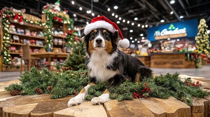 A playful dog in a Santa hat sits on a wooden platform surrounded by holiday decorations, creating a festive atmosphere in a cheerful store