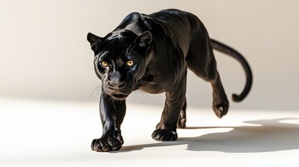Fototapeta premium Magnificent Black Panther Stalking in White - Full Body Shot Wildlife Photography