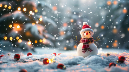 Obraz premium A cute snowman standing in the falling snow, surrounded by Christmas decorations and decorated Christmas tree with string lights on blurred background.