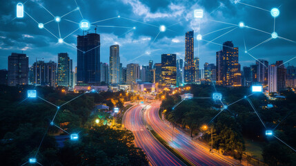 Obraz premium This description provides a comprehensive overview of the concept of a smart city with 5G communication networks and IoT, emphasizing the interconnectedness and advanced technological infrastructure.