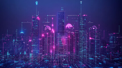 Obraz premium This description provides a comprehensive overview of the concept of a smart city with 5G communication networks and IoT, emphasizing the interconnectedness and advanced technological infrastructure.