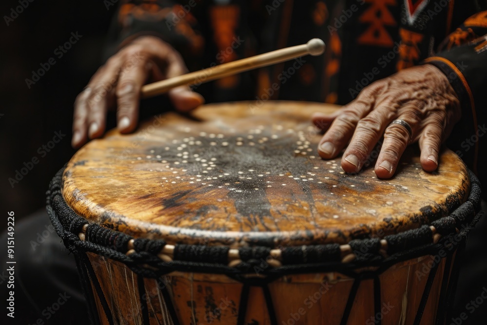 Wall mural man plays musical percussion instrument with sticks closeup on a black background, a musical concept