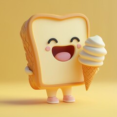 a slice of bread as a cute character. The bread has big eyes and a wide smile, and it's holding a delicious-looking ice cream cone. The background is a cheerful yellow color.