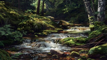 The stream runs through the forest creating small