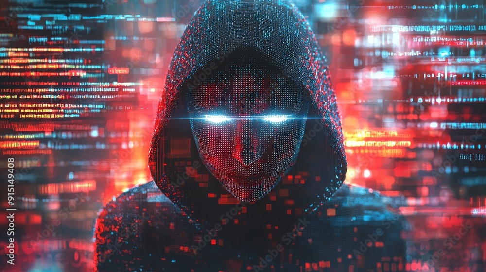Poster A mysterious figure in a dark hoodie gazes intently, surrounded by vibrant streams of digital data illuminated in neon colors