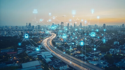 Obraz premium This description provides a comprehensive overview of the concept of a smart city with 5G communication networks and IoT, emphasizing the interconnectedness and advanced technological infrastructure.