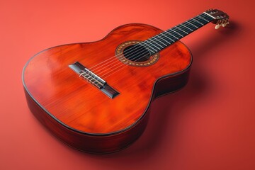 Fototapeta premium Acoustic guitar lying on a red background