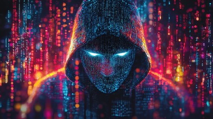 A hooded figure stands against a backdrop of colorful digital data, creating an enigmatic atmosphere of technology and mystery