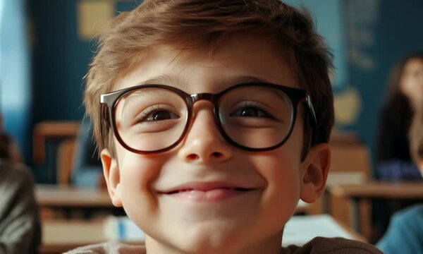 Happy boy in glasses sits in school room against blackboard background. Lessons. Happy schoolchildren. Child smile.