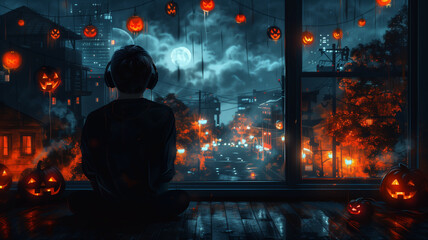 Halloween Video background, young man with headphone looking down on city lights at night, Halloween decorations, cyberpunk cityscape outside, neon lights