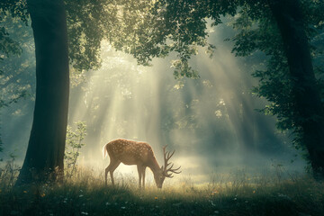 a deer is grazing in a foggy forest