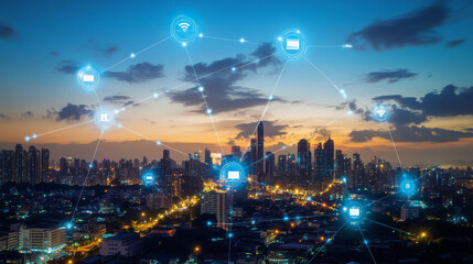 Fototapeta premium This description provides a comprehensive overview of the concept of a smart city with 5G communication networks and IoT, emphasizing the interconnectedness and advanced technological infrastructure.