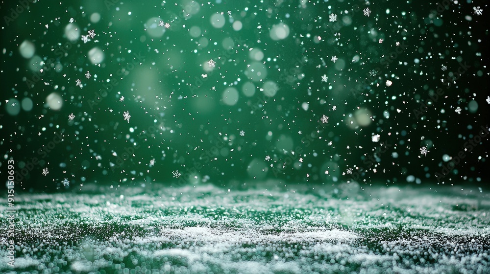 Poster delicate snowflakes drift down softly, creating a tranquil winter atmosphere against a lush green ba