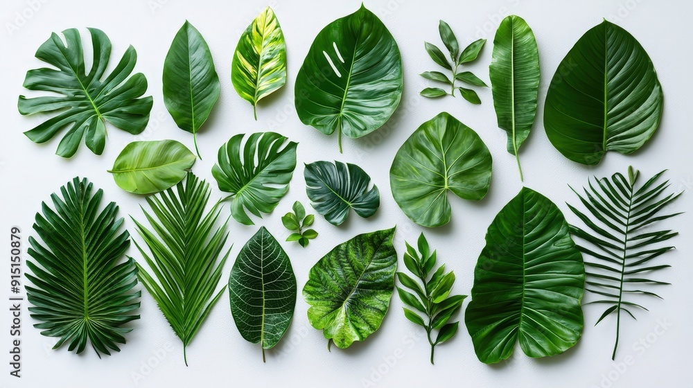 Aufkleber a variety of green leaves are displayed in an artistic arrangement, showcasing different shapes and 