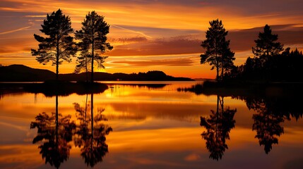 Naklejka premium The evening glow illuminates the lake