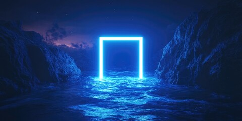 A blue light shining in a rocky terrain, suitable for use as an atmospheric or sci-fi concept image