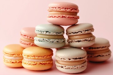 Obraz premium Pastel Macarons Pyramid on Soft Pink Background