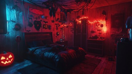 The bedroom is decorated with creepy Halloween items, illuminated by red and blue lights, creating a spooky and atmospheric setting for the holiday