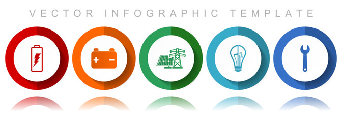 Power and energy vector icon collection, miscellaneous icons such as battery, solar power, light bulb and tool, flat design infographic template in eps 10