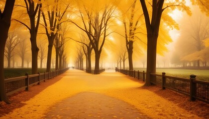 City park alley covered with fallen leaves and trees in warm autumn colors, captured with a wide-angle lens in soft daylight. Showcasing a nostalgic and picturesque, serene, and seasonal style.