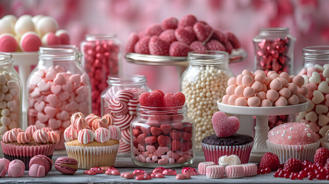 A sweet Valentine's Day candy buffet table with jars of heart-shaped candies, chocolates, and cupcakes in pink and red would be visually appealing.
