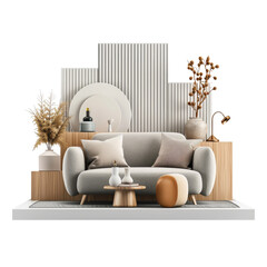 Modern living room interior with neutral tones, featuring a stylish sofa, wooden accents, and minimalist decor elements.