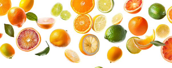 A vibrant assortment of fresh citrus fruits including oranges, lemons, limes, and grapefruits, displayed on a white background.