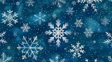 A beautiful pattern of intricate snowflakes against a deep blue background, creating a serene winter scene.