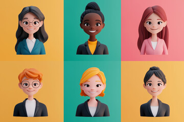 3d cute cartoon set of profile picture of various nationalities smiling business woman