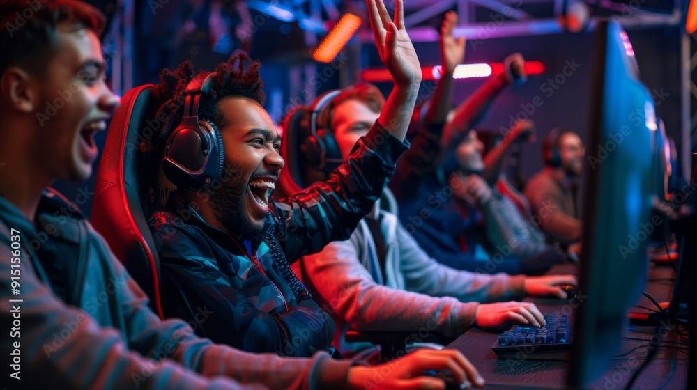 Poster a group of people are playing a video game and one of them is laughing