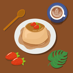 vector illustration Japanese Caramel Custard Pudding with strawberry