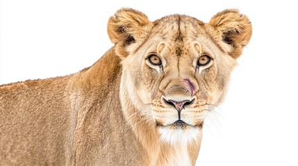 Obraz premium Close-up of majestic lion with scar on white background - Animal Kingdom Wildlife Portrait.