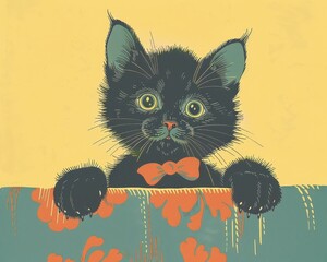 Fototapeta premium Adorable black kitten with big eyes peeking over a colorful fabric, wearing a cute bow tie and capturing hearts.