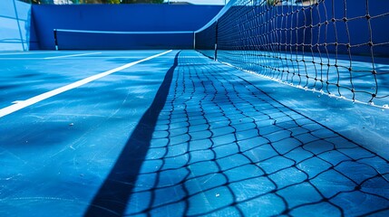 Obraz premium Wide angle view of a blue painted tennis court with net throwing shadows and white lines