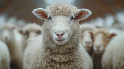 Obraz premium A fluffy sheep with bright eyes stands in the center of a herd inside a farm pen.