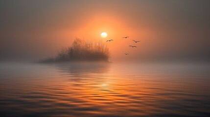 A tranquil scene of birds flying over a misty lake during a golden sunset, evoking a sense of calm and beauty.