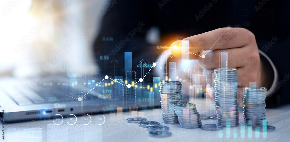 Poster money business financial graph diagram of coin.saving money concept.stack of coins with trading pric