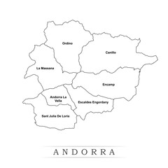 Administrative regions of Andorra. Province, state, division name with white map with black outline. Vector illustration