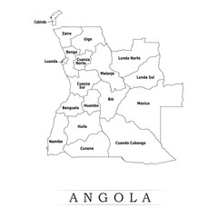 Administrative regions of Angola. Province, state, division name with white map with black outline. Vector illustration