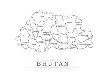 Administrative regions of Bhutan. Province, state, division name with white map with black outline. Vector illustration