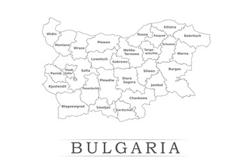 Administrative regions of Bulgaria. Province, state, division name with white map with black outline. Vector illustration