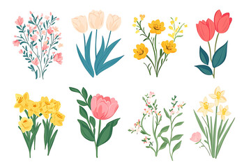 Fototapeta premium Set of hand-drawn bouquet of spring flowers isolated on white background. Floral composition. illustration
