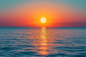 Serene Orange Sunset Over Calm Ocean on Pastel Blue Background