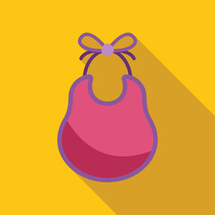 Simple icon of a pink baby bib with a purple trim, fastened with a bow tie