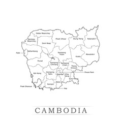 Administrative regions of Cambodia. Province, state, division name with white map with black outline. Vector illustration