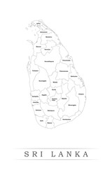 Administrative regions of Sri Lanka. Province, state, division name with white map with black outline. Vector illustration