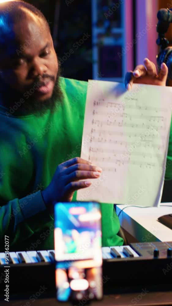 Aufkleber vertical video skilled performer explaining sheet with musical notes on online video tutorial, inter