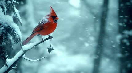 42. "A vibrant red cardinal perched on a snow-covered branch in a winter forest.